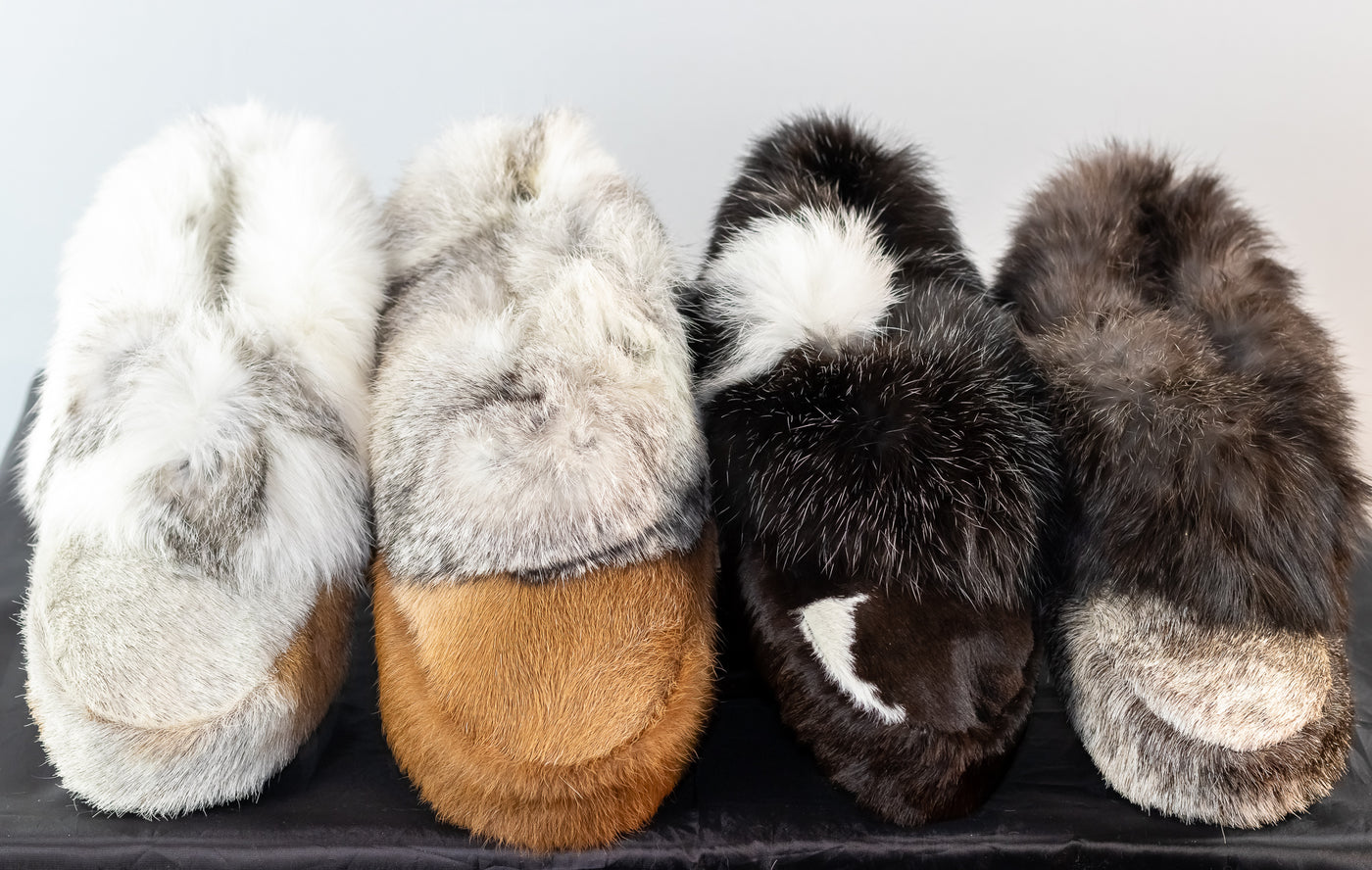 Assorted Handmade Calf Skin Slippers with Rabbit Fur Trim