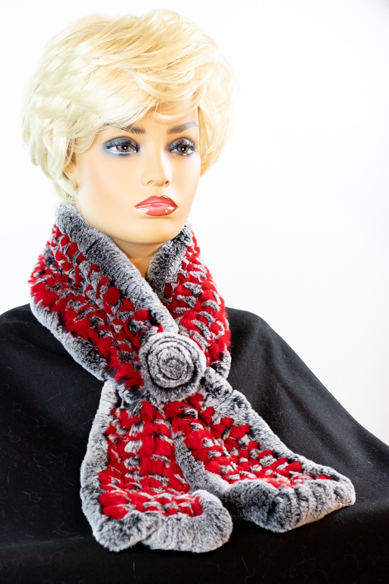 Knitted Red and Grey Chinchilla Rex Rabbit Pull-Through Rosette Scarf