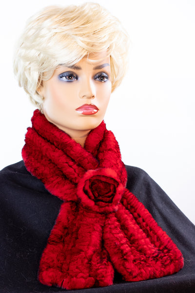 Knitted Red Chinchilla Rex Rabbit Pull-Through Rosette Scarf