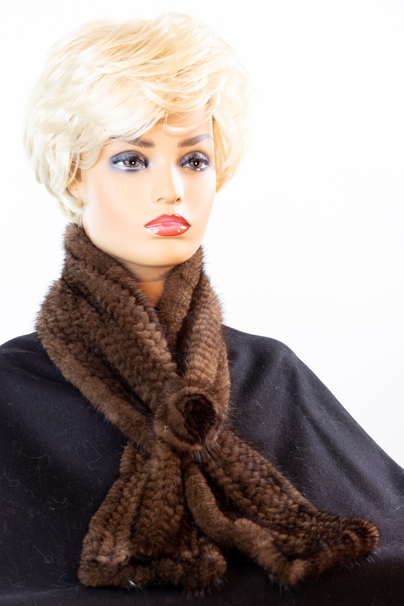 Knitted Brown Mink Pull-Through Rosette Scarf