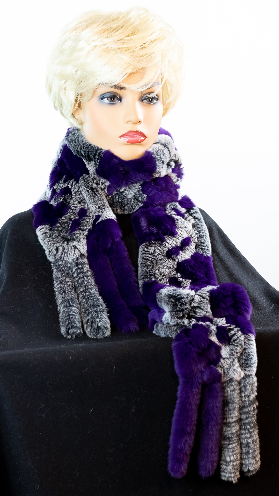 Knitted Purple and Grey Chinchilla Rex Rabbit Scarf with Fringes