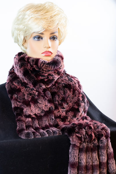 Diamond-Knitted Chinchilla Rex Rabbit Wine Scarf with Fringes