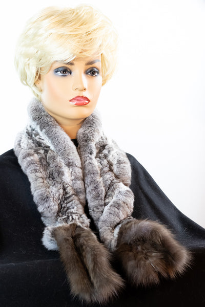 Knitted Chinchilla Elastic Ruffle Scarf with Sable Capped Ends